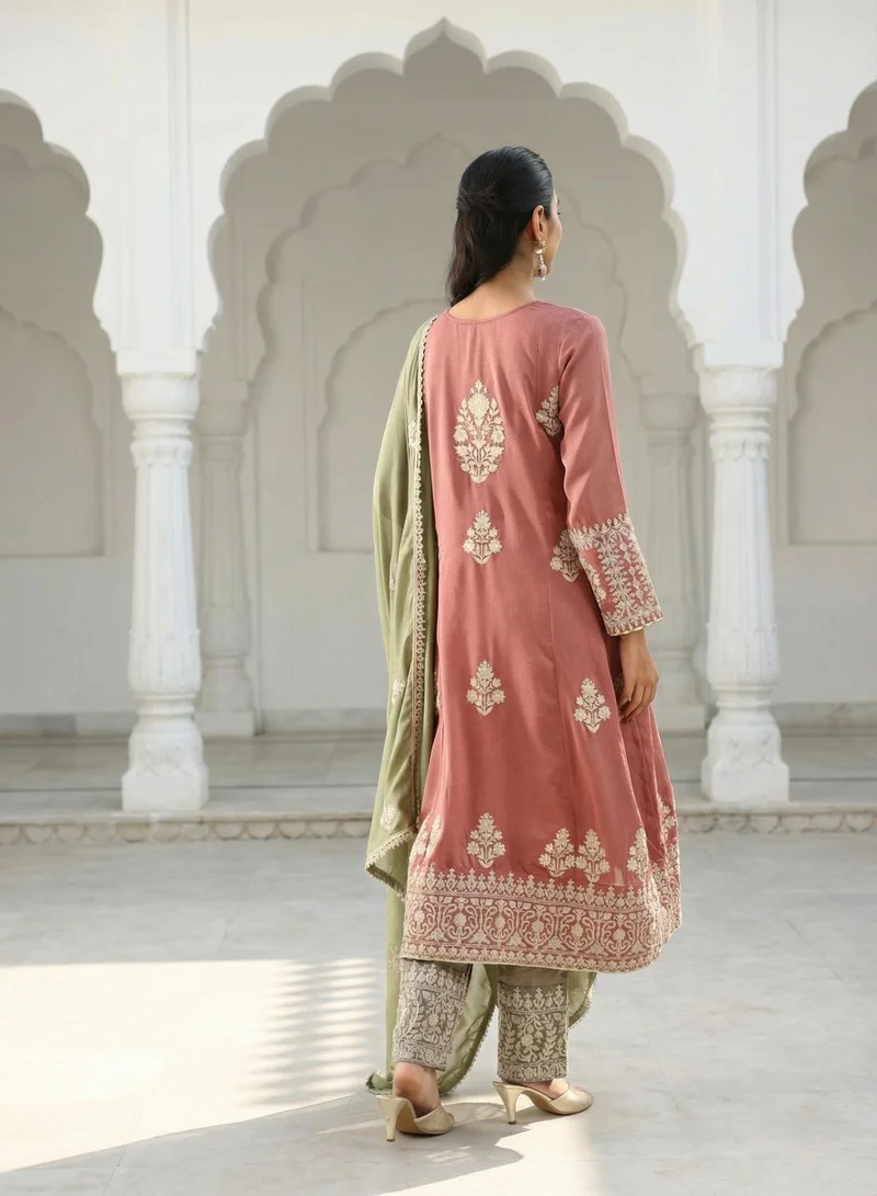 ISHIN Rich Pink Vichitra Embroidered A Line Kurta sets with dupatta
